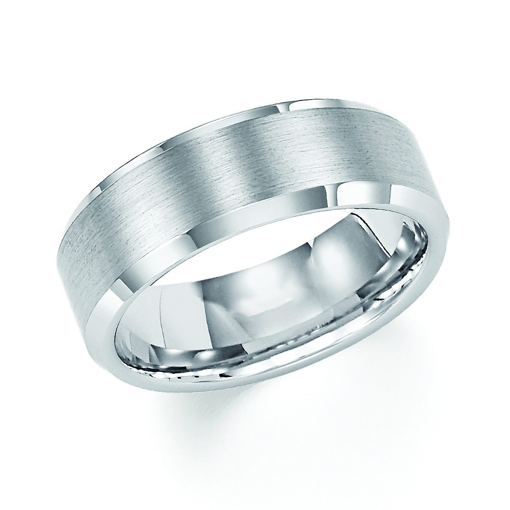 White Tungsten Carbide Bevel Edge Satin Finish Center Wedding Band
