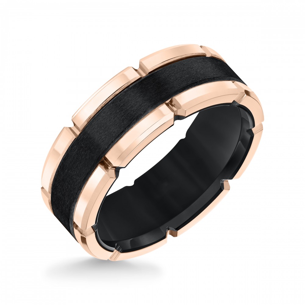 Black Tungsten Carbide Flat Comfort Fit Band with Rose Rims