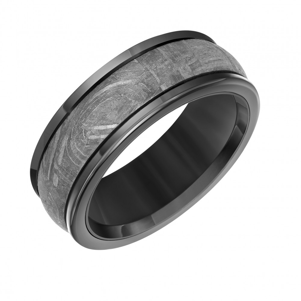 Black Tungsten Carbide Band with Round Edge and  Meteorite Insert