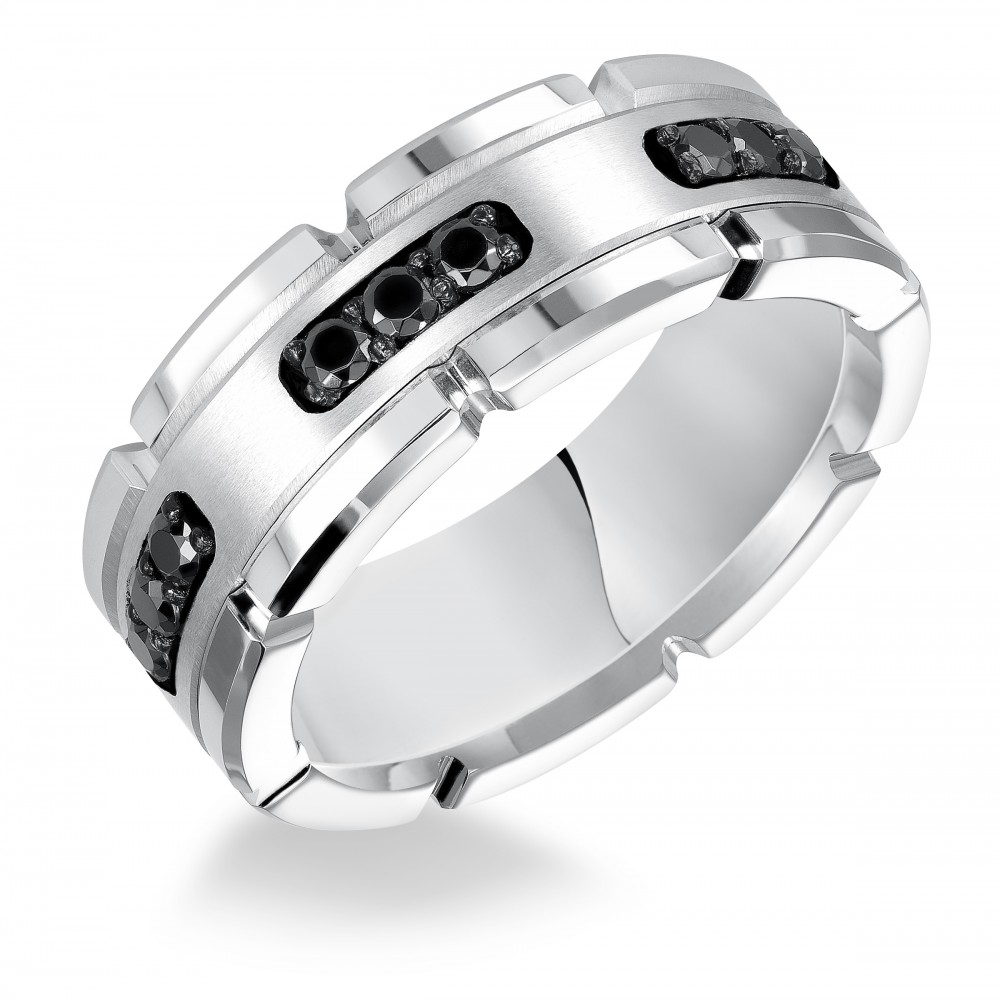 White Tungsten Carbide Ring with Black Diamond Satin Center and Link Edge