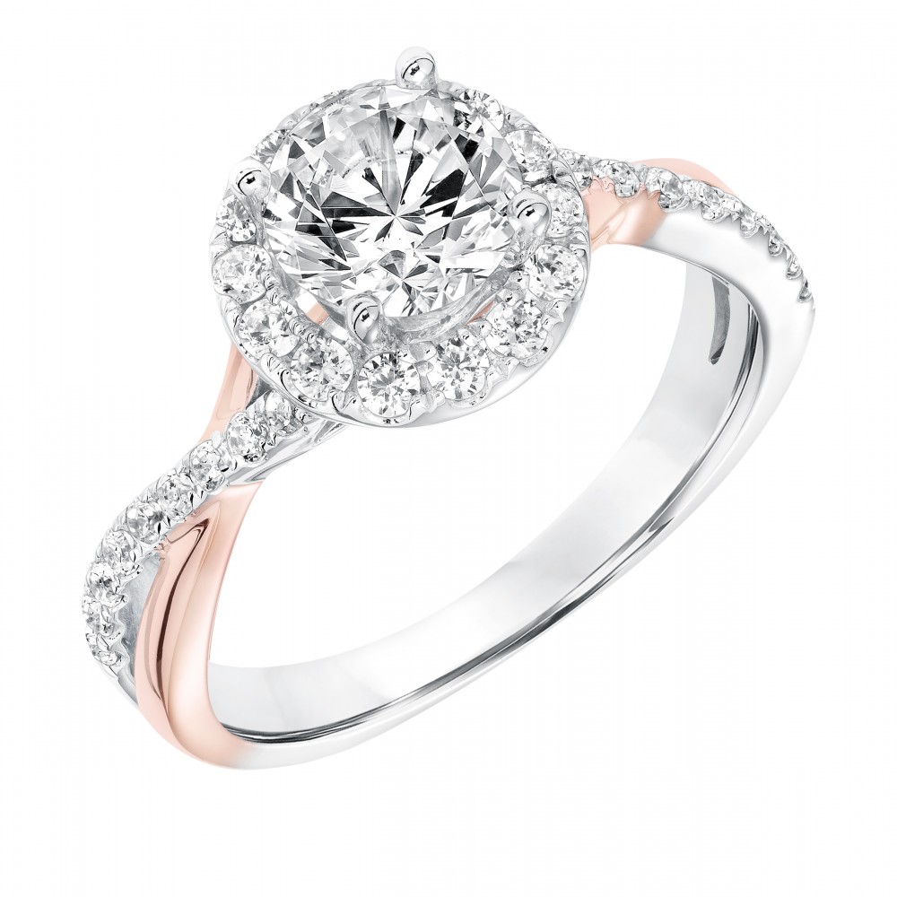 Rose and White Round Diamond Engagement Ring with Halo