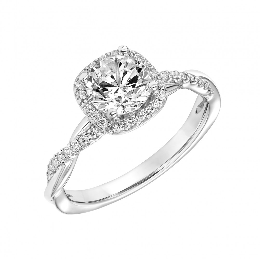 Round Diamond Engagement Ring with Cushion Halo and Twist
