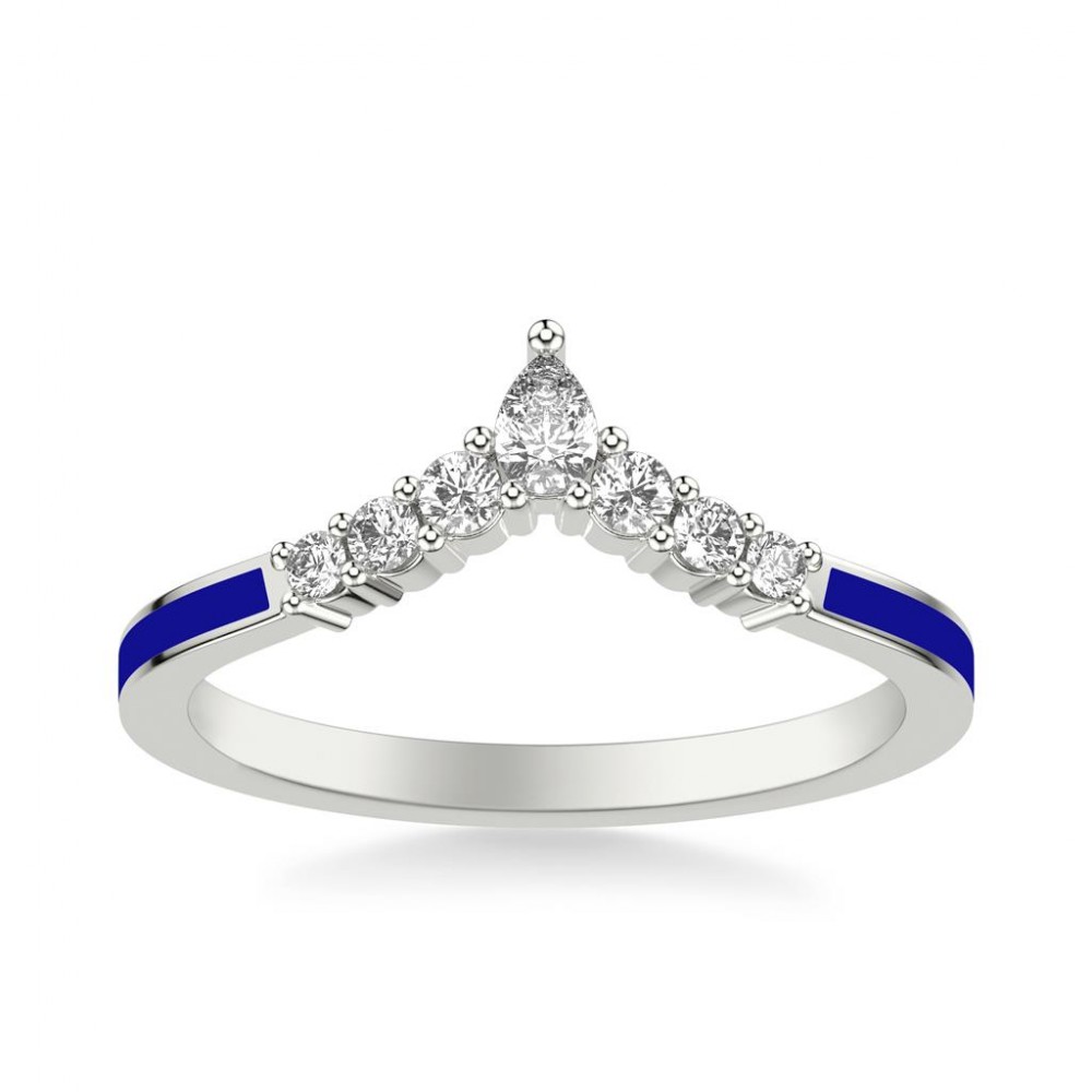 Blue Ceramic Chevron Band with Graduated Round Diamonds and Pear Diamond Accent