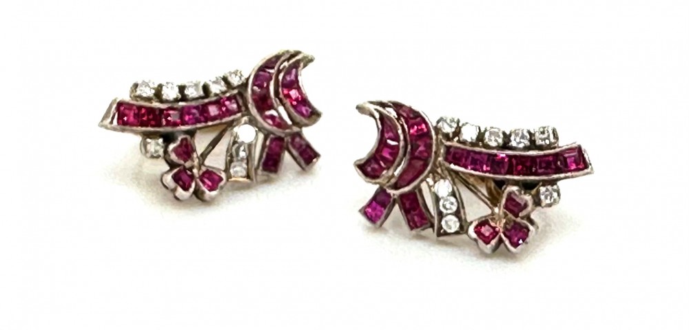Estate 14KYG Ruby Diamond Clip Back Earrings