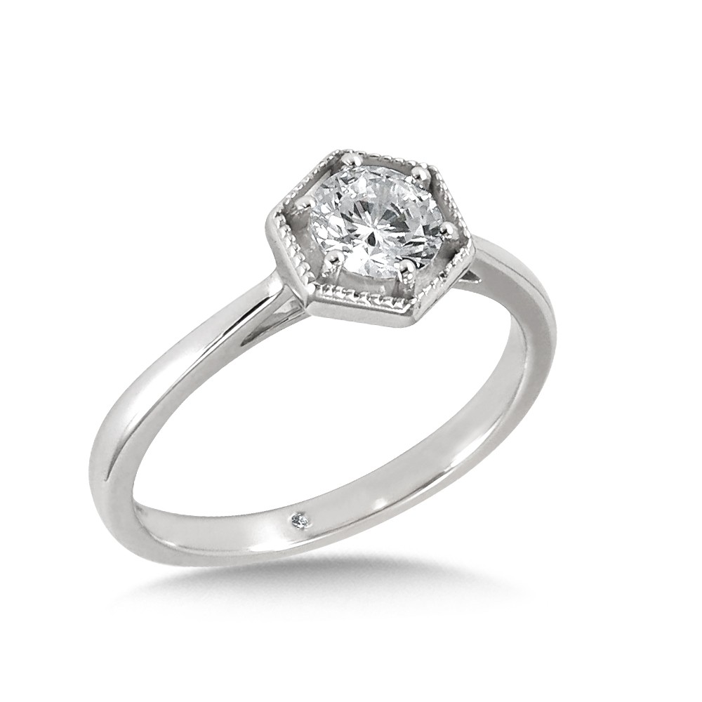 Six Prong Diamond Engagement Ring with Plain Hexagon Halo