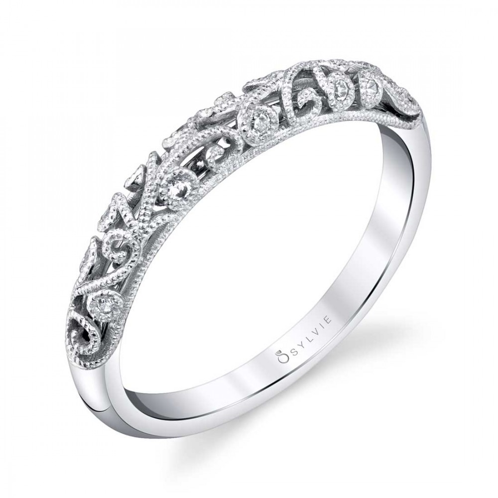 Vintage Inspired Diamond Wedding Band with Milgrain Swirls