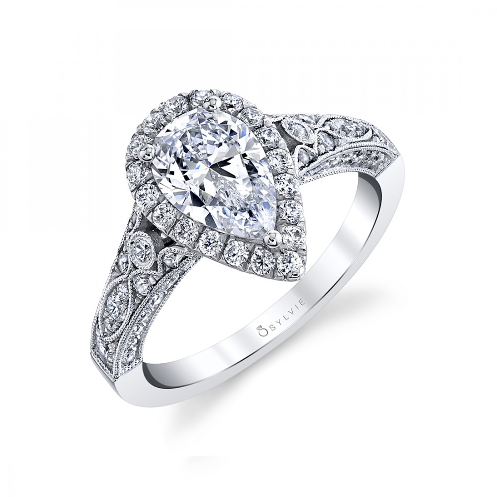 Cheri Vintage Style Halo Pear Shape Diamond Engagement Ring
