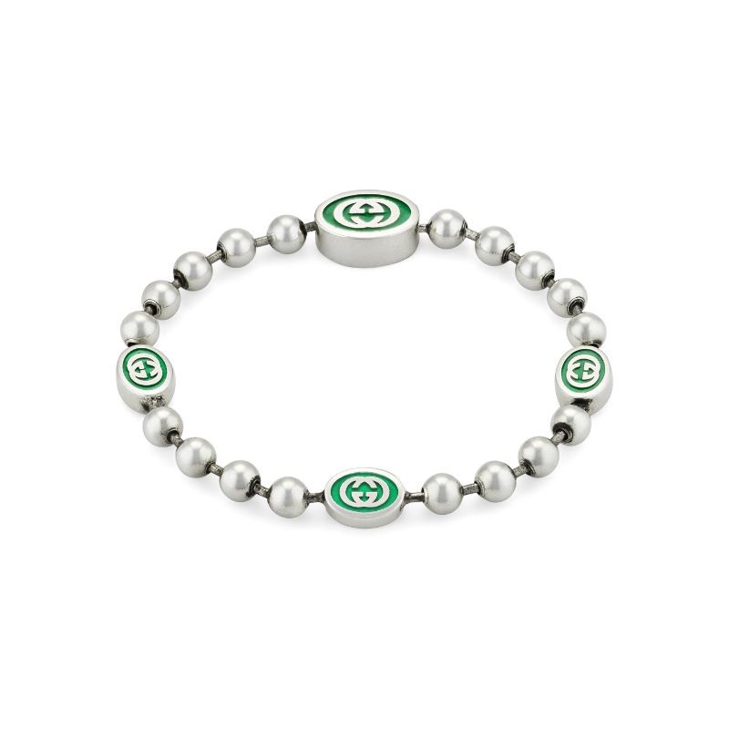 Gucci Interlocking G Bracelet in Green Enamel with Bead Chain