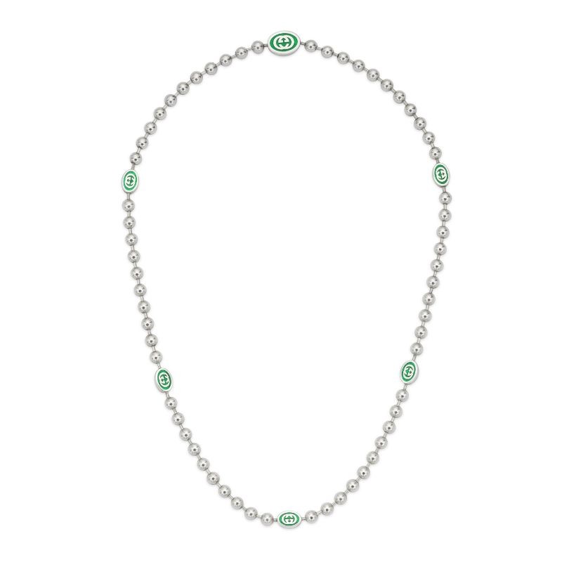 Gucci Interlocking G Bead Necklace with Green Enamel