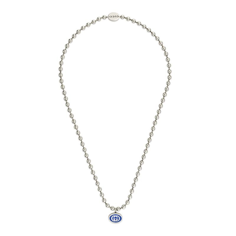 Gucci Interlocking G Bead Necklace with Blue Enamel