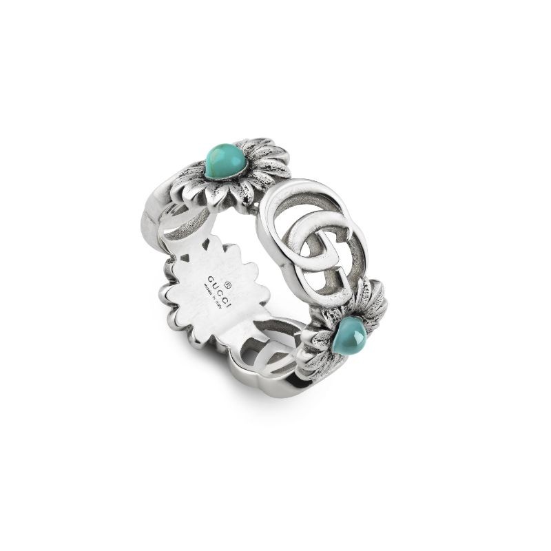 Gucci GG Marmont Ring Featuring Double G and Flower Motif in Sterling Silver