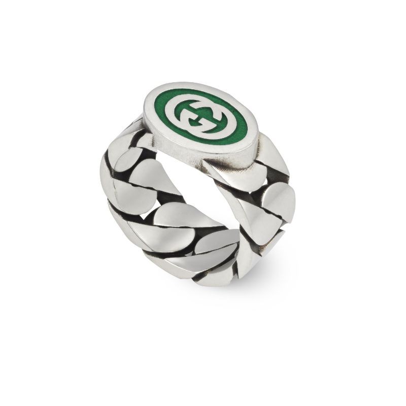 Gucci Interlocking G Large Ring with Green Enamel
