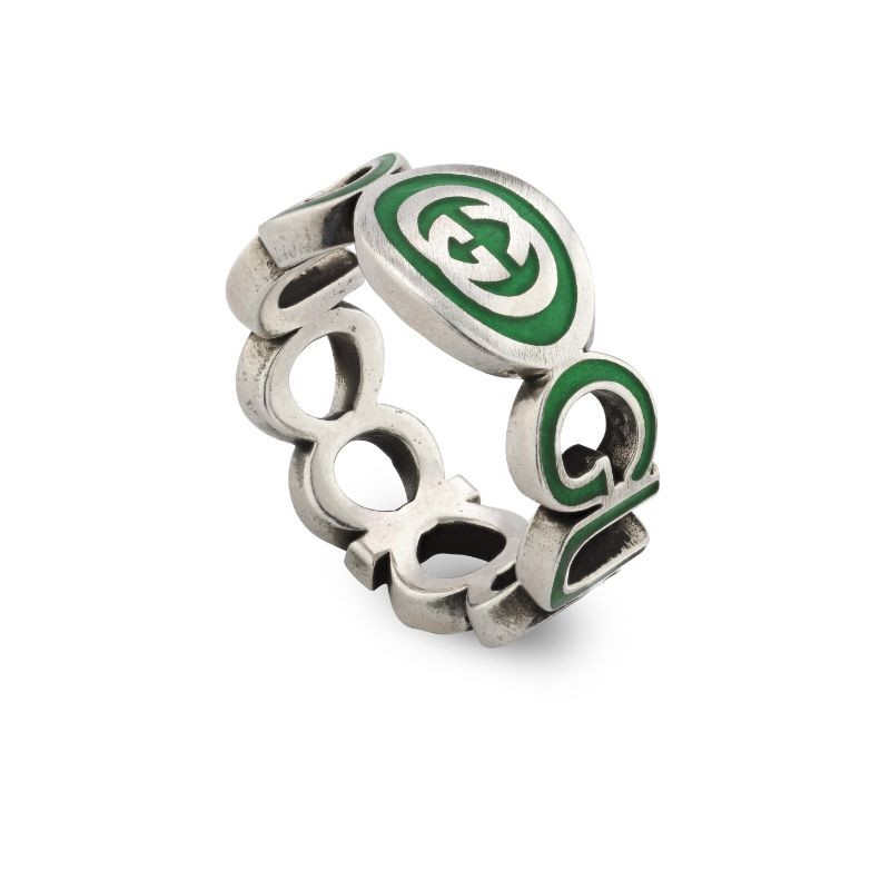 Gucci Interlocking G Script Ring with Green Enamel