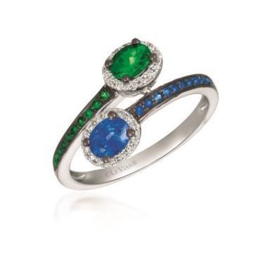 LeVian Two Stone Ring with Green Garnets Blueberry Sapphires and Vanilla Diamonds