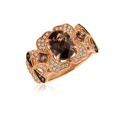 LeVian 14K Strawberry Gold® 1 1/2 ct Chocolate Quartz® Ring with Chocolate Diamonds® and  Vanilla Diamonds®