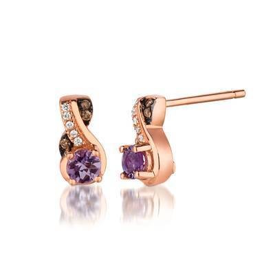 LeVian 14K Strawberry Gold® Cotton Candy Amethyst® 1/3 cttw Earrings with Chocolate Diamonds® 1/20 cttw and Vanilla Diamonds®