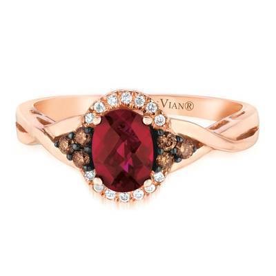 LeVian 14K Strawberry Gold® Raspberry Rhodolite® 3/4 ct Ring with Chocolate Diamonds® and Vanilla Diamonds®