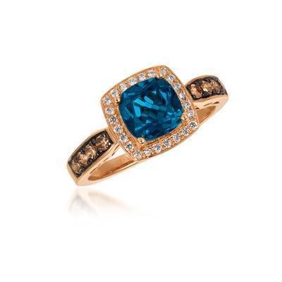 LeVian  14K Strawberry Gold® Deep Sea Blue Topaz 1 5/8 ct Ring with Chocolate Diamonds® 1/4 cttw and Vanilla Diamonds® 1/8 cttw