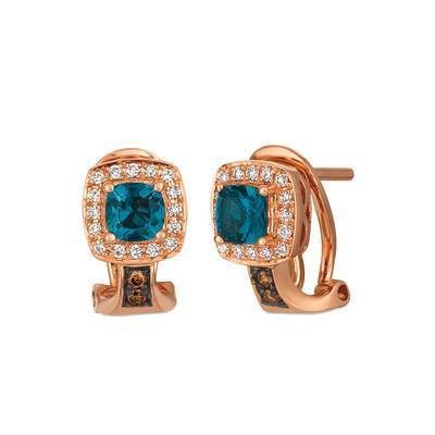 LeVian 14K Strawberry Gold® Deep Sea Blue Topaz 5/8 cttw Earrings with Chocolate Diamonds® 1/20 cttw and Vanilla Diamonds® 1/8 cttw