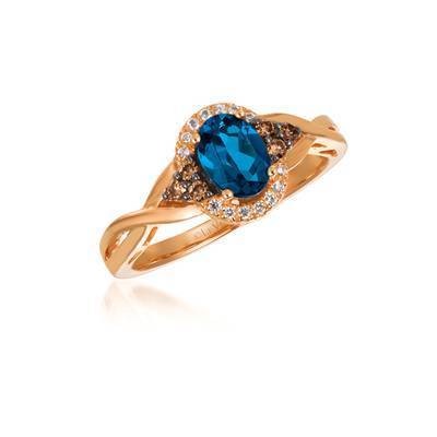 LeVian 14K Strawberry Gold® Deep Sea Blue Topaz 3/4 ct Ring with Chocolate Diamonds® 1/8 cttw and Vanilla Diamonds® 1/20 cttw