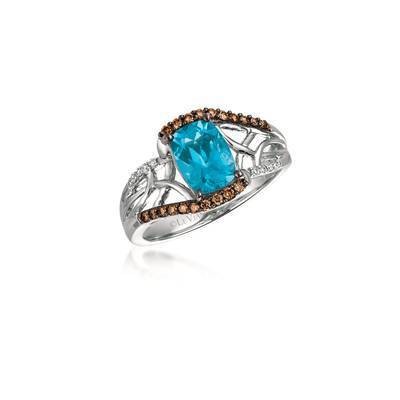 LeVian 14K Vanilla Gold® Blue Topaz 1 5/8 ct Ring with Chocolate Diamonds® 1/6 cttw and Vanilla Diamonds® cttw