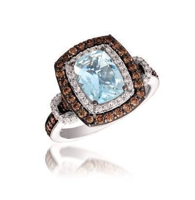 LeVian 14K Vanilla Gold® Sea Blue Aquamarine® 1 1/2 cttw Ring with Chocolate Diamonds® 1/2 cttw and Vanilla Diamonds® 1/4 cttw