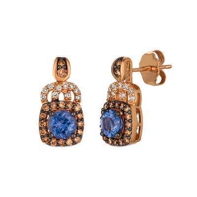 LeVian 14K Strawberry Gold® Blueberry Tanzanite® 1 cts. Earrings with Chocolate Diamonds® 1/3 cttw, Vanilla Diamonds® 1/10 cttw