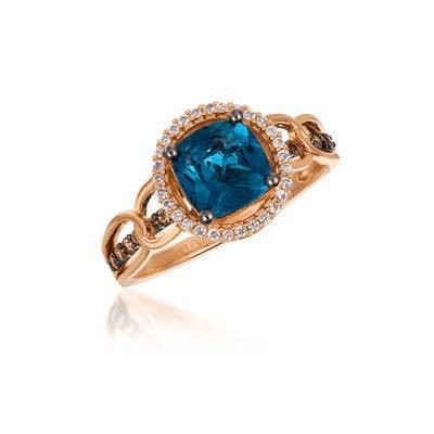 LeVian 14K Strawberry Gold® Deep Sea Blue Topaz 1 1/2 ct Ring with Chocolate Diamonds® 1/8 cttw and Vanilla Diamonds® 1/10 cttw