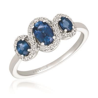 LeVian Three Stone Oval Blueberry Sapphire Ring with Vanilla Diamond Halos