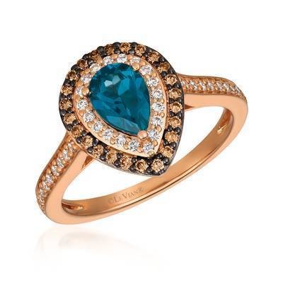 LeVian 14K Strawberry Gold® 5/8 ct Deep Sea Blue Topaz Ring with Chocolate Diamonds® and Vanilla Diamonds®