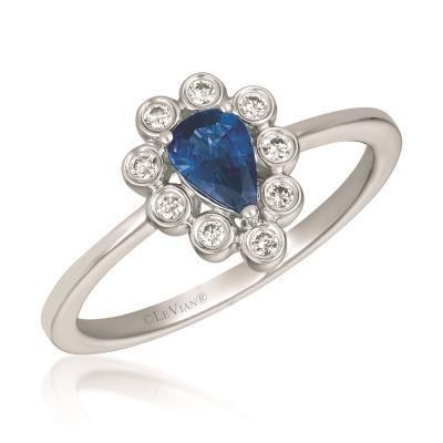 LeVian Blueberry Pear Shaped Sapphire with a Bezel Set Vanilla Diamond Halo Ring