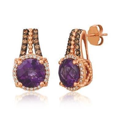 LeVian Strawberry Gold Ring Earrings set with a 3ct Grape Amethyst and Vanilla Diamonds and Chocolate Diamonds