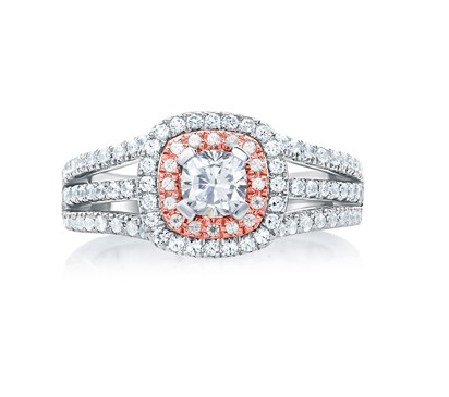 A. Jaffe Double Halo Rose Gold Diamond Cushion Frame Three Row Engagement Ring