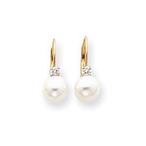 14k 6mm Pearl AA diamond Leverback Earrings