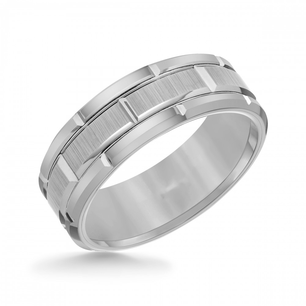 Grat Tingsten Carbide Flat Edge Brick Pattern Center Wedding Band