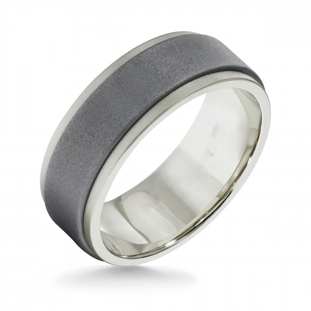 18k White Gold with Step Edge Band with Raw Matte Gray Tungsten Insert