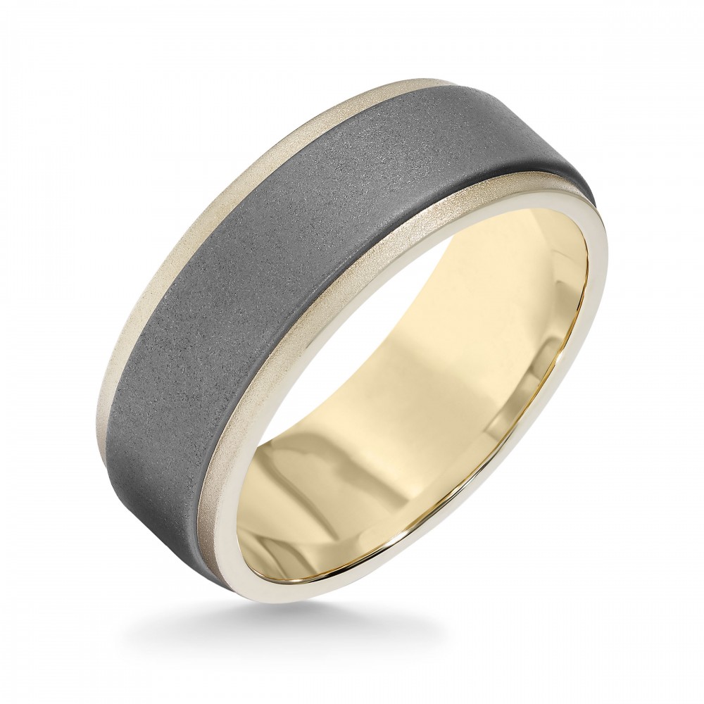 18k Yellow Gold with Step Edge Band with Raw Matte Gray Tungsten Insert