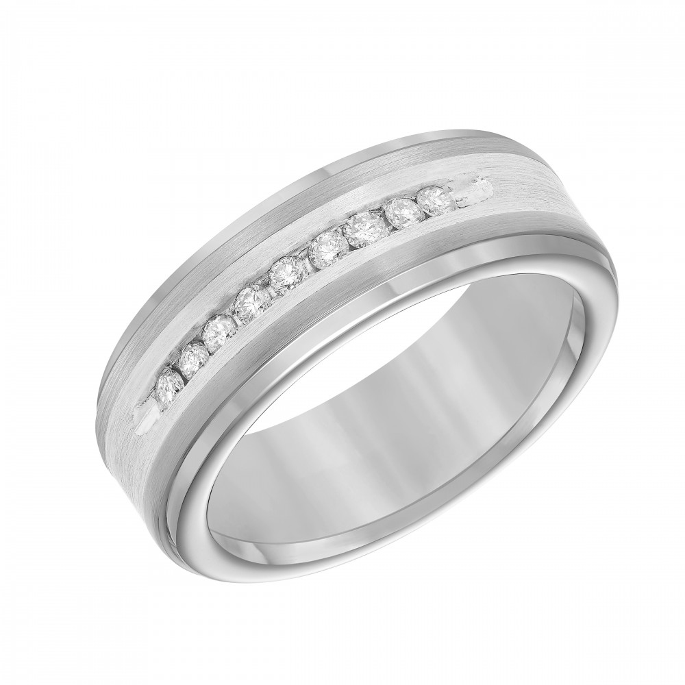 Tungsten Carbide Step Edge Band with Satin Finish Silver Inlay and Channel Set Diamonds