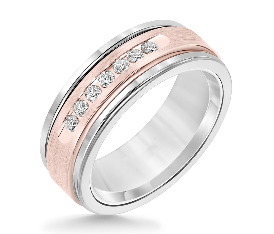 Black Tungsten Carbide Flat Round Edge  Band with Satin Finish and Channel Set Diamonds