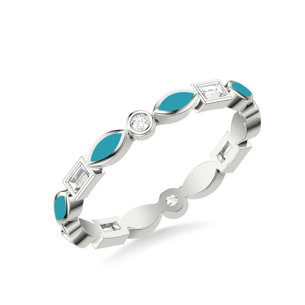 Stackable Band with Alternating Turquoise Ceramic  Marquise Shape and Bezel Set Round and Baguette Diamonds