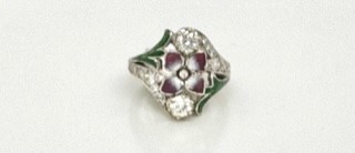 Estate 18KWG Enamel Flower Diamond Ring