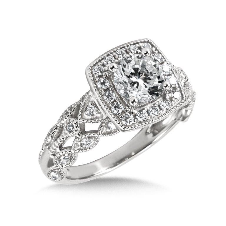 Halo Diamond Engagement Ring with Three Row Band