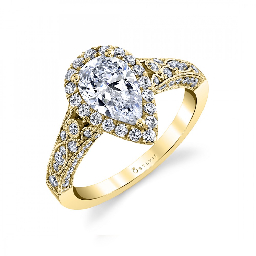 Cheri Vintage Style Halo Pear Shape Diamond Engagement Ring