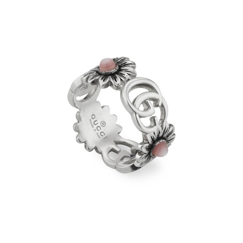 Gucci GG Marmont Ring Featuring Double G and Flower Motif in Pink and Sterling Silver