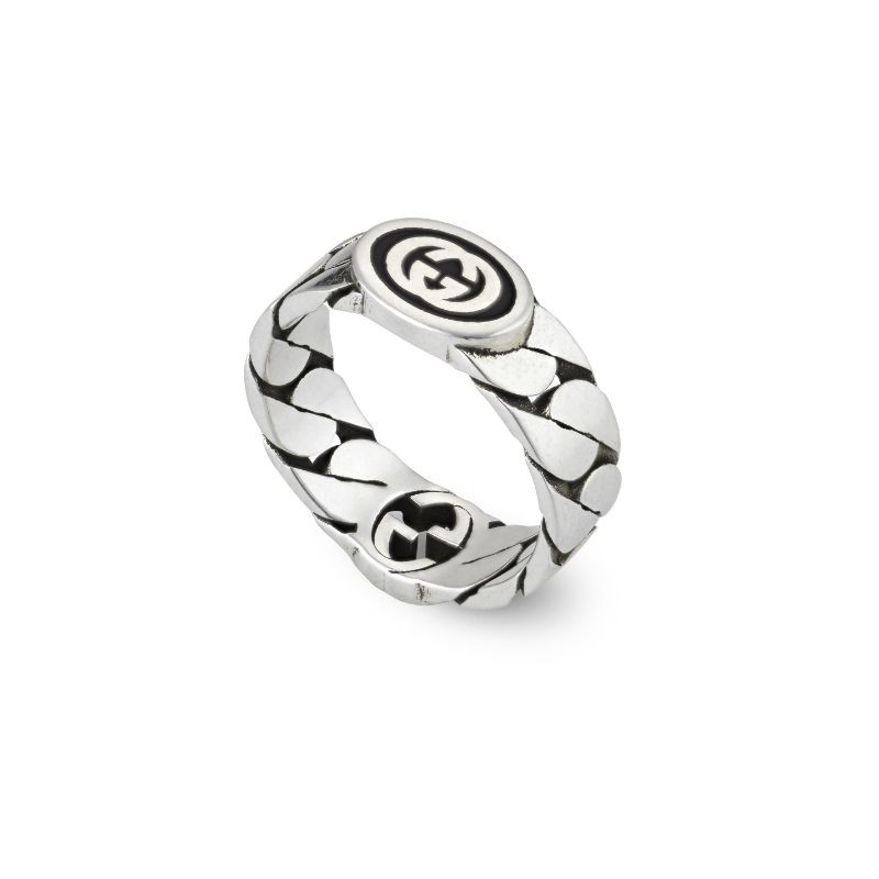 Gucci Interlocking G Gourmette Ring with Black Enamel