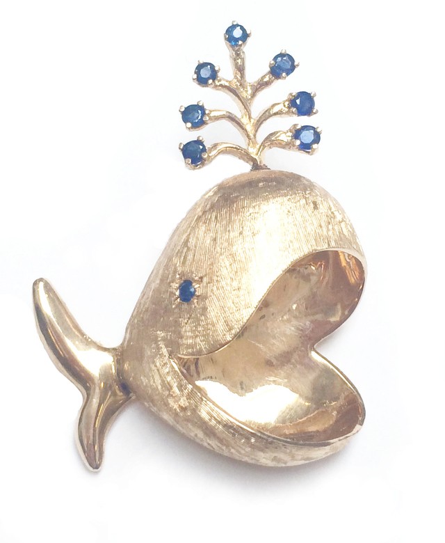 14K Sapphire Whale Pin