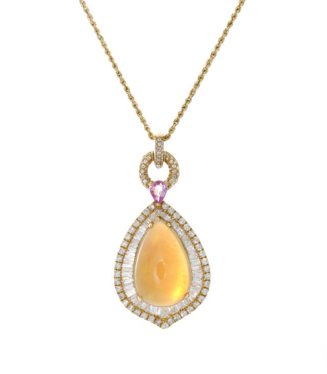 Opal and Diamond Pendant With Pink Sapphire Accent