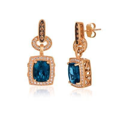 LeVian 14K Strawberry Gold® Deep Sea Blue Topaz 4 3/8 ct Earrings with Chocolate Diamonds® 1/6 cttw and Vanilla Diamonds® 1/2 cttw