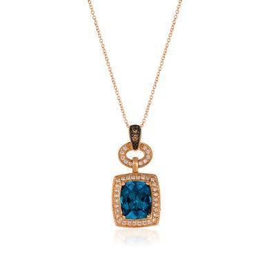 LeVian 14K Strawberry Gold® Deep Sea Blue Topaz 3 ct Pendant with Chocolate Diamonds® 1/20 cttw and Vanilla Diamonds® 1/4 cttw