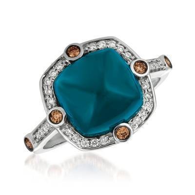 LeVian 14K Vanilla Gold® 5 1/5 ct Deep Sea Blue Topaz Ring with Chocolate and Vanilla Diamonds®